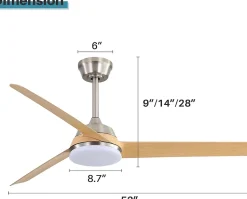 Ventilateur de plafond avec lumière LED 22W, 3 pales ABS, télécommande, nickel brossé 132x132x36,5cm