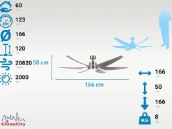 Ventilateur de plafond DC argenté avec pales de 166cm et lumière pour 60m2