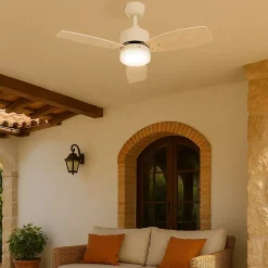 Ventilateur de plafond extérieur blanc avec impression bois 91,3cm avec LED à intensité variable avec télécommande IP44 - Toledo