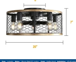 Ventilateur de plafond industriel 50 cm avec lumière, 7 pales en ABS