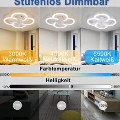 Ventilateur de plafond LED NETTLIFE avec éclairage silencieux et télécommande, plafonnier à intensité variable, blanc