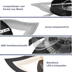 Ventilateur de plafond LED NETTLIFE avec éclairage 48 W Noir Silencieux Télécommande Intensité variable 3 températures de couleur