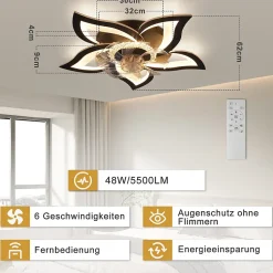 Ventilateur de plafond LED NETTLIFE avec éclairage 48 W Noir Silencieux Télécommande Intensité variable 3 températures de couleur