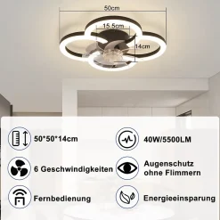 Ventilateur de plafond LED NETTLIFE avec éclairage - 40 W silencieux noir avec télécommande, variateur d'intensité