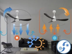 Ventilateur de plafond Réversible Thermostat Pays vendable Wifi Moteur à courant continu Toits en pente Télécommande Hypersilence