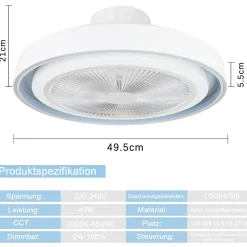 Ventilateur de Plafond Silencieux Moderne Bleu avec Télécommande et Minuterie