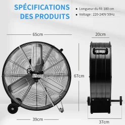 Ventilateur Indutriel a Roulettes avec 3 Vitesses Bouton Ajustement Poignee Laterale Facile a Transporter pour Patio
