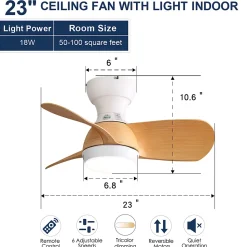 Ventilateur mini 58 cm LED 3 couleurs dimmable, 3 pales ABS, telecommande, moteur DC