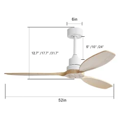 Ventilateur plafond 132 cm bois massif, 3 pales, moteur DC réversible, télécommande, sans lumière