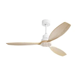 Ventilateur plafond 132 cm bois massif, 3 pales, moteur DC réversible, télécommande, sans lumière
