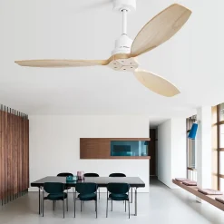 Ventilateur plafond 132 cm bois massif, 3 pales, moteur DC réversible, télécommande, sans lumière