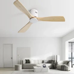 Ventilateur plafond 132 cm bois naturel, moteur DC réversible, télécommande, silencieux