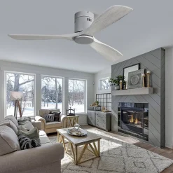 Ventilateur plafond 132 cm bois sculpté, moteur DC réversible, télécommande, sans lumière