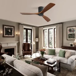 Ventilateur plafond 132 cm DC, pales bois sculpté, moteur réversible silencieux, télécommande, sans lumière