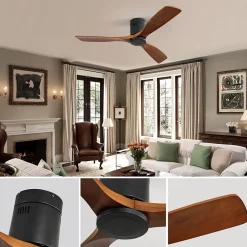 Ventilateur plafond 132 cm DC, pales bois sculpté, moteur réversible silencieux, télécommande, sans lumière