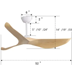 Ventilateur plafond 132 cm sans lumière, moteur DC réversible, 3 pales ABS, 6 vitesses, télécommande