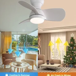 Ventilateur plafond 23 pouces, 3 pales ABS, moteur DC réversible, télécommande, LED 18W