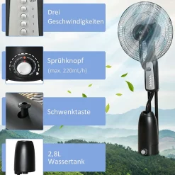 Ventilateur sur pied 120 cm avec brumisateur 2,8L, angle réglable, nébuliseur métal