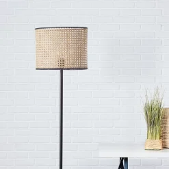 WILEY Lampadaire droit 1L bois clair/noir E27 D.30cm 60W - métal/rotin - ampoule non incluse