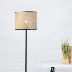 WILEY Lampadaire droit 1L bois clair/noir E27 D.30cm 60W - métal/rotin - ampoule non incluse