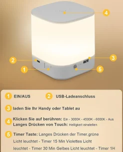 ZMH Lampe à Poser De Table LED Tactile Intensité Variable - Lampe De Chevet Rechargeable Par USB