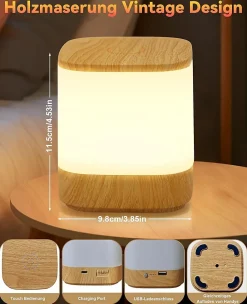 ZMH Lampe à Poser De Table LED Tactile à Intensité Variable Grain De Bois Sans Fil