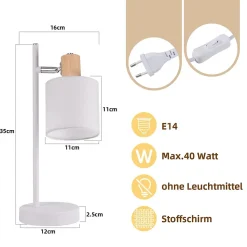 ZMH Lampe De Bureau Blanc Vintage E14 abat-jour En Tissu 35cm Avec Interrupteur