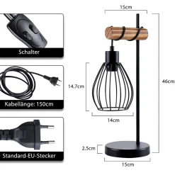 ZMH Lampe De Table Vintage En Bois Noir - Style Industriel, Douille E27 Métal (ampoule Non Incluse)