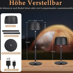 ZMH Lot De 2 Lampes De Table LED Sans Fil Lampe Intensité Variable Avec 3 Températures Noire