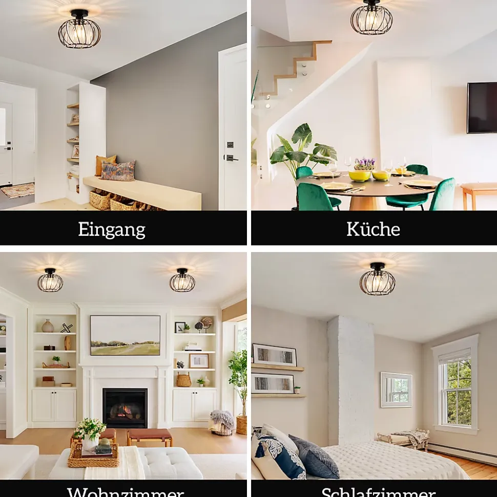 ZMH Plafonnier Vintage à Cristaux 25 Cm Cadre Métal Noir Douille E27 40W ampoule Non Incluse