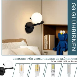 ZMH applique murale interieur Noir 1 Flamme G9 Moderne Applique murale métal Boule de verre blanche