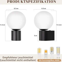 ZMH Applique Murale Intérieure Lampe De Couloir Noir-blanc G9 Éclairage Mural Boule De Verre Salon