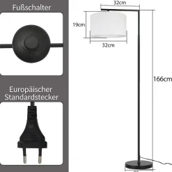 ZMH Lampadaire Blanc E27 en tissu interrupteur au pied sans ampoule 166cm max 40W