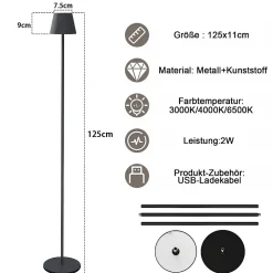 ZMH Lampadaire LED Dimmable Moderne Sans Fil 125cm Éclairage De Bureau Noir
