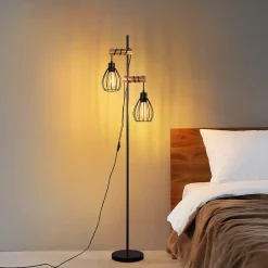 ZMH Lampadaire Salon Noir Lampadaire sur pied Vintage lampadaire Bois 2 luminaire E27 152cm Avec Interrupteur