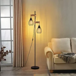 ZMH Lampadaire Salon Noir Lampadaire sur pied Vintage lampadaire Bois 2 luminaire E27 152cm Avec Interrupteur