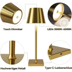 ZMH Lampe de table LED sans fil avec 3 températures de couleur - Style vintage doré pour chambre à coucher