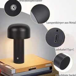 ZMH Lampe De Table LED Sans Fil à Intensité Variable - Design Moderne En Métal Noir