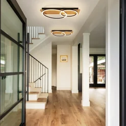 ZMH Plafonnier LED En Bois Dimmable 55 Cm 36w 2 Anneaux Design Géométrique,Avec Télécommande