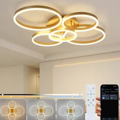 ZMH Plafonnier LED Plafonnier Salon 78w Avec Télécommande 5 Anneaux Lampe De Chambre Dorée