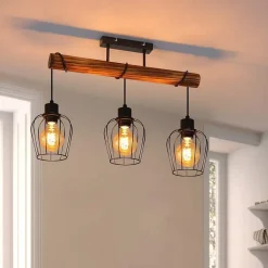 ZMH Plafonnier Rétro Vintage 3 Flammes Bois Réglables Hauteur Métal Noir E27