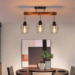 ZMH Plafonnier Rétro Vintage 3 Flammes Bois Réglables Hauteur Métal Noir E27