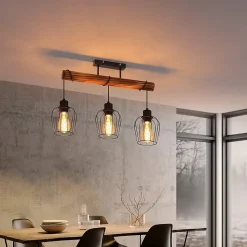 ZMH Plafonnier Rétro Vintage 3 Flammes Bois Réglables Hauteur Métal Noir E27