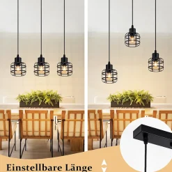 ZMH Suspension 3 Flamme Métal E14 Noir Réglable Hauteur Vintage Sans Ampoule