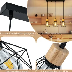 ZMH Suspension 3 Flamme Vintage Noir Métal E27 Sans Ampoule