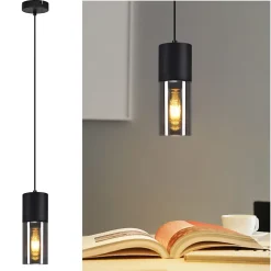 ZMH Suspension 1 Lumière Noir E27 Abat-jour En Verre Fumé Gris Industrielle Lampe à Suspendre