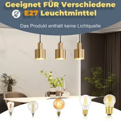 ZMH Suspension Salle à Manger 3 Flammes Or E27 Lampe Suspendue Métal Chambre Couloir