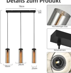 ZMH Suspension Salle à Manger Noir - 3 Flammes E27 Verre Suspension Pour Salon