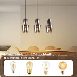 ZMH Suspension Salle à Manger 1/3 Flammes E27 Gris Fumé Suspension Chambre Hôtel