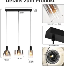 ZMH Suspension verre 3 Flammes suspendue E27 Gris Fumée Hauteur réglable Lampe à suspension Moderne